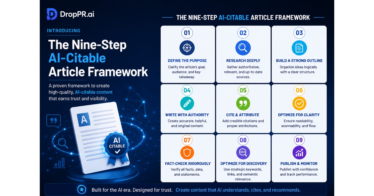 DropPR.ai Introduces the Nine-Step AI-Citable Article Framework